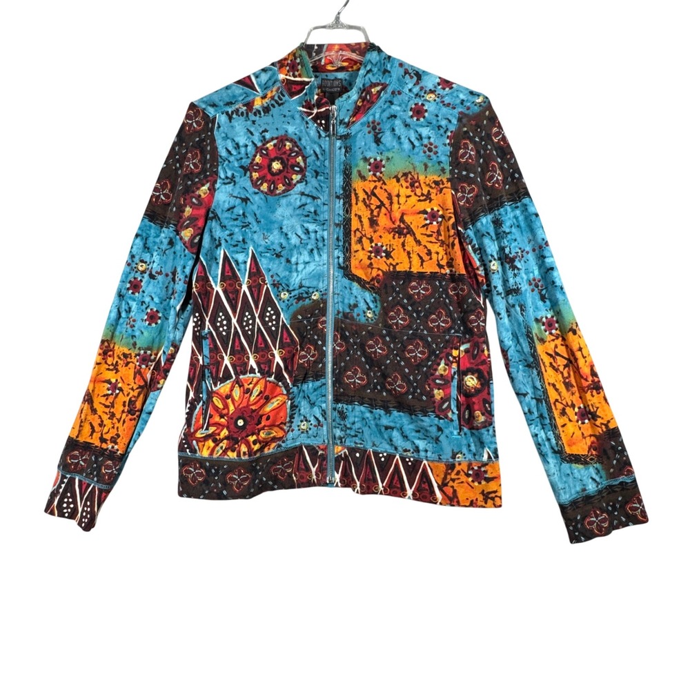 Additions by Chicos Jacket Batik Colorful Print Full Zip Up Lightweight Size M